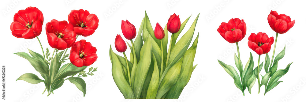 Obraz premium A beautiful illustration showcasing three separate arrangements of vivid red tulips against a stark black backdrop, perfect for various design applications.
