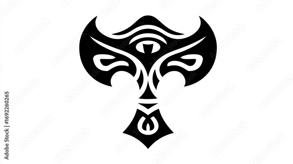 Naklejka premium Intricate Black and White Tribal Art Design with Symbolic Eye and Unique Patterns for Creative Projects