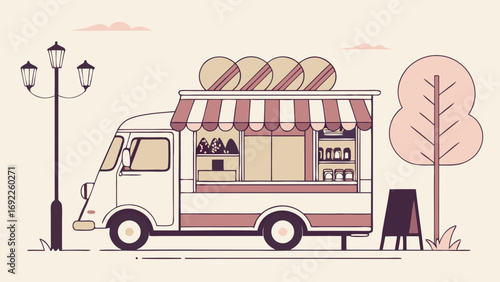 Vintage Food Truck at Park Street Food Vendor Illustration Bakery Van Graphic Design.