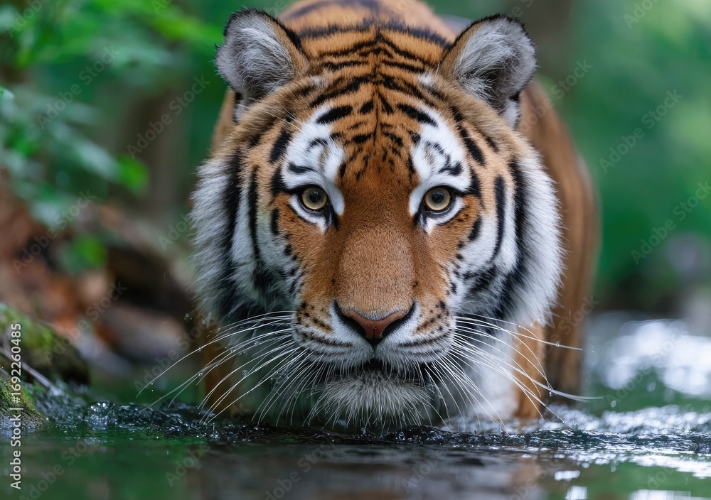 Obraz premium a tiger is walking along the riverbank, its body splashing in the water as it moves through the dense forest behind it