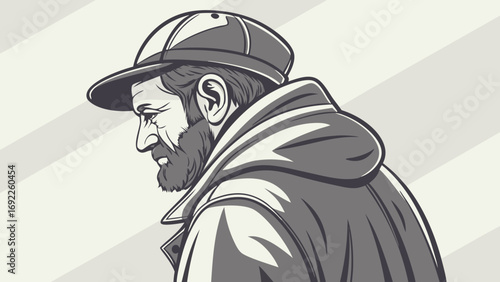 Vintage illustration of a bearded man in a cap and jacket.