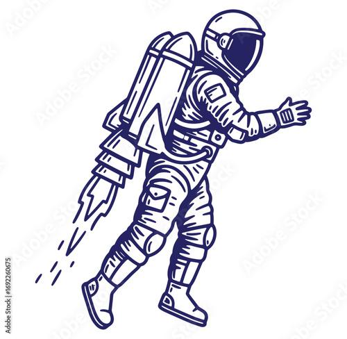 Vector illustration of astronaut in spacesuit with jetpack soaring in space