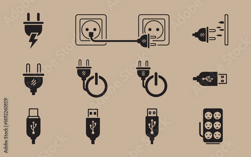Collection of electrical plugs sockets and usb connectors on a beige background