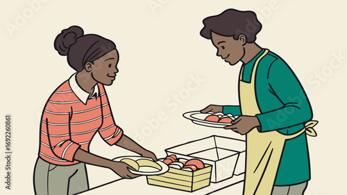 Volunteer serving food community kitchen food bank helping hands donation charity support assistance meal plates food service sharing giving care kindness compassion social work.