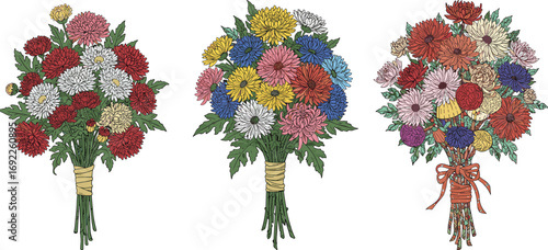 Hand-tied flower bouquet illustration, colorful mixed floral design, vintage style botanical drawing, vibrant flower bunch artwork, decorative bouquet clipart