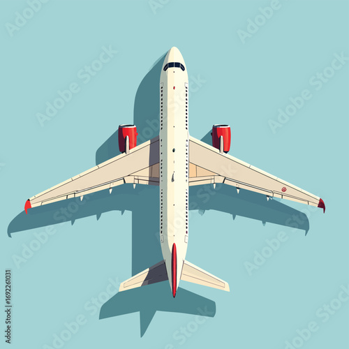 Aerial view of a modern commercial passenger airplane ready for travel and flight transportation.