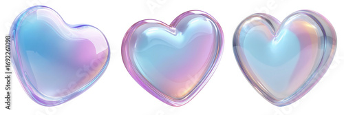 3D Glass Icon Set of Three Iridescent Glass Hearts With Pastel Gradient Effects on Transparent Background