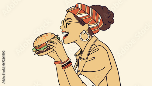 Woman enjoying a delicious burger stylish illustration trendy food art happy expression casual style vector graphic appetizing burger fast food burger illustration line art hand-drawn s.