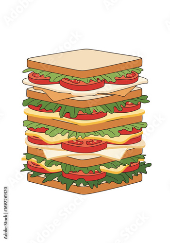 An enormous tall sandwich with multiple layers of bread cheese and vegetables a culinary masterpiece