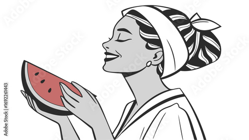 Woman enjoying a slice of watermelon summer healthy eating pop art style illustration.