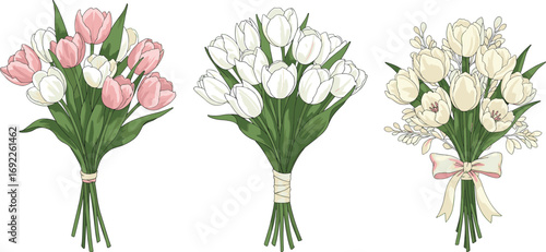 Pink and black tulip flower bouquets, elegant hand-tied floral arrangements, spring tulip bouquet collection, botanical illustration, romantic floral design