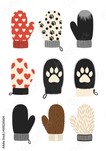 A collection of cozy winter mittens featuring heart and paw print designs perfect for cold weather fun