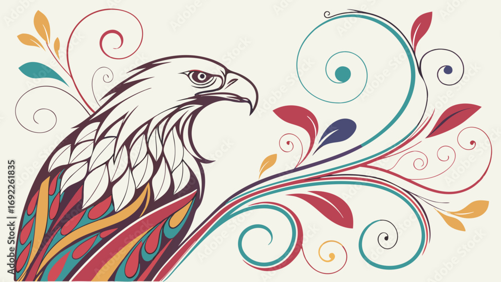 Fototapeta premium Stylized bird illustration with floral design colorful bird art decorative bird image for print web and design projects.