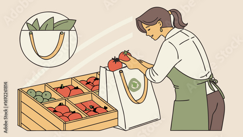 Woman putting fresh produce into a reusable shopping bag at a market stall.