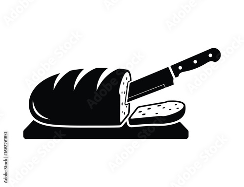 Loaf of bread being sliced on a cutting board with a knife illustration
