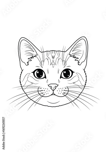 Detailed outline drawing of a domestic cat's face with alert ears and expressive eyes surrounded by whiskers
