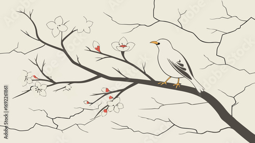 Stylized Bird on Blooming Branch Springtime Minimalist Illustration for Design Projects.