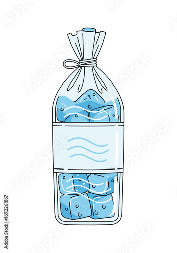Clear plastic bag filled with blue ice cubes and water tied with twine label with wavy lines