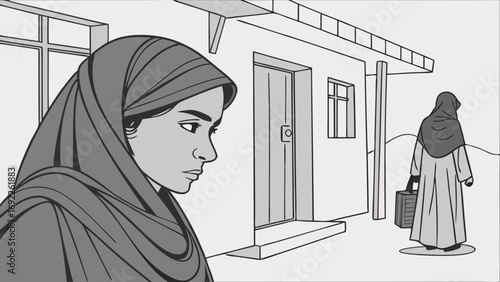 Women in traditional clothing near building grayscale illustration farewell scene emotional moment.