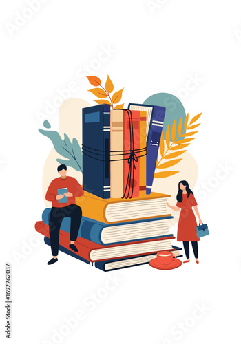 Inspiring people reading books on a stack of literature surrounded by autumn leaves and abstract shapes a beautiful educational scene