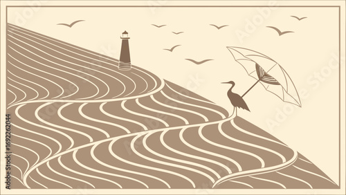 Stylized illustration of coastal landscape with bird and lighthouse art deco design vector illustration.