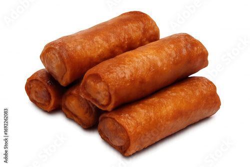 Crispy golden-brown spring rolls stacked neatly, showcasing delicate, bubbly exterior with appetizing texture on clean backdrop