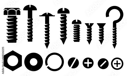 Set of screws, bolt nuts, various steel screw sets for Industrial, Construction And Engineering. flat vector illustration design isolated on white background.