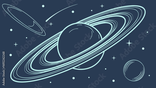 Stylized Planet with Rings Celestial Bodies and Comet in Space Vector Illustration.