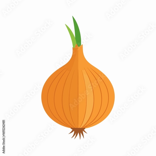 Vibrant golden onion with fresh green sprouts illustration.