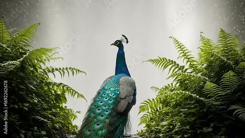 Wallpaper Mural Majestic peacock displaying vibrant feathers in lush greenery near a waterfall, serene atmosphere Torontodigital.ca