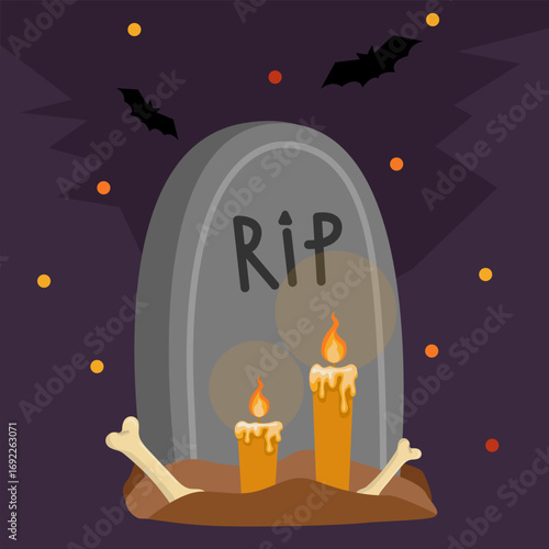 Halloween tombstone with RIP text, candles, bones and bats. For invitations, posters, cards, party banners.