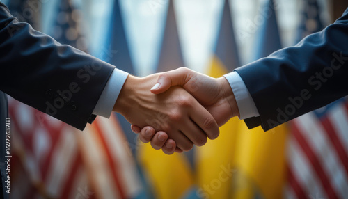 Diplomatic handshake strengthening relations international conference image professional environment close-up cooperation