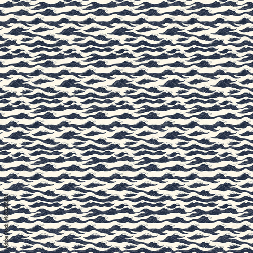 Elegant Japanese inspired seamless wave pattern in deep indigo blue on an off-white background, refined and timeless design, perfect for textiles, wallpapers, stationery, or sophisticated packaging.