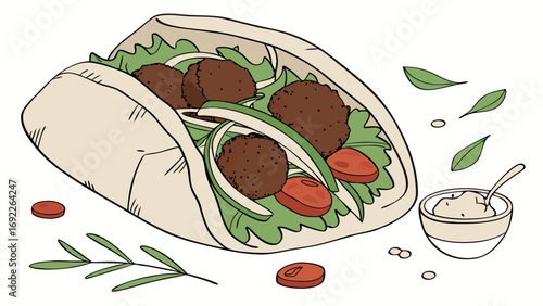 Vegetarian Falafel Pita Bread Wrap with Sauce Healthy Food Illustration Menu Design Restaurant Graphics.