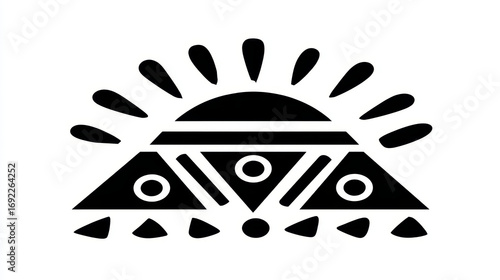 Bold Geometric Sun Symbol with Rays and Triangles in Black and White, Perfect for Cultural Representation