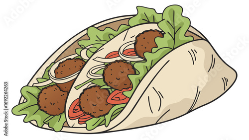 Vegetarian wrap falafel pita pocket healthy food illustration veggie burger in flatbread mediterranean cuisine drawing vegan meal graphic fast food cartoon takeaway lunch image restaurant.