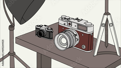 Vintage Cameras and Studio Lighting on a Tabletop Illustration.