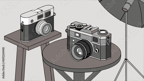 Vintage Cameras on Tables with Studio Lighting.