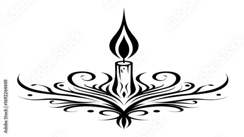 Intricate Black Candle Design with Artistic Swirls and Flames in Minimalist Style