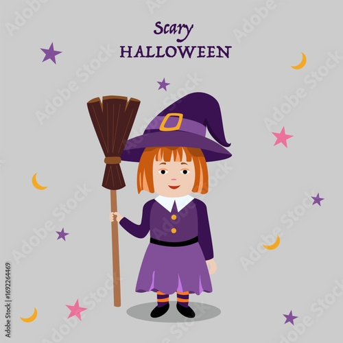 Little witch character with hat, dress and broom on starry background. For kids party invitations, posters, stickers, classroom materials and Halloween crafts.