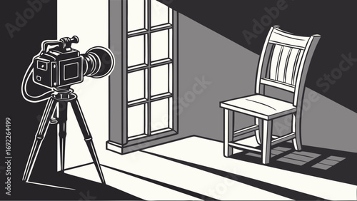 Vintage Film Camera and Chair in Room Setting Black and White Illustration Studio Photography Concept.