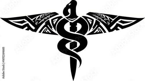 Black and White Abstract Design Featuring Snake, Sword, and Winged Figures for Medical Symbolism