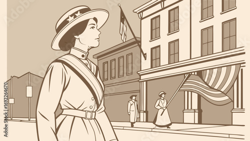 Vintage illustration of a woman in period clothing possibly a parade or historical event with a flag and other figures in the background.