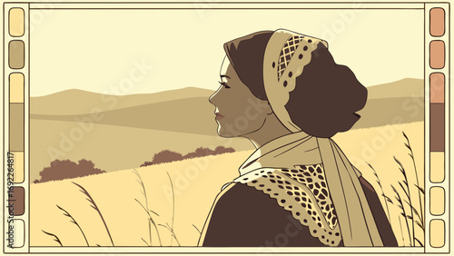 Vintage Woman in Field Contemplative Portrait Rural Landscape Sepia Tone Illustration.
