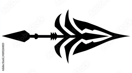 Artistic Black and White Illustration of a Stylized Spear with Sharp Edges and Intricate Designs