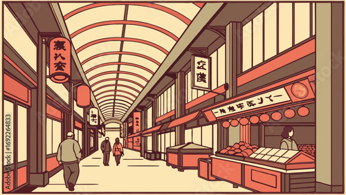 Vintage-Style Illustration of a Covered Market Street with Shoppers.