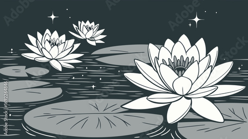 Water Lilies at Night Elegant Floral Illustration in Monochrome Style.
