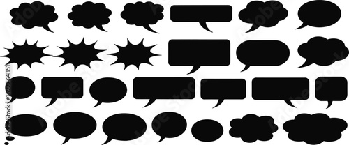 Black comic speech bubble collection, silhouette chat icons, cartoon pop art elements, blank vector text balloons, design for comics