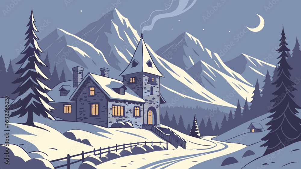 Naklejka premium Winter mountain cabin landscape illustration snowy scene with house trees and crescent moon night scene vector art holiday card Christmas New Year winter wonderland cozy home.