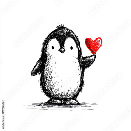 Cute Hand-Drawn Penguin Holding Red Heart in Sketch Style for Valentine's Day and Love Themes